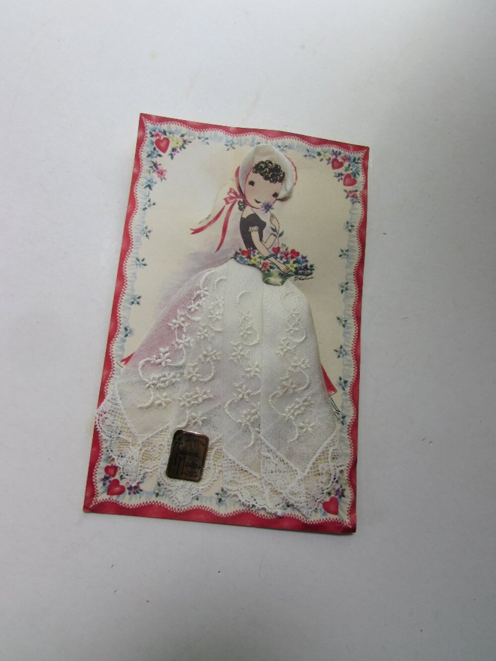 Vintage Handkerchief Card Paper Doll White Hankie Dress